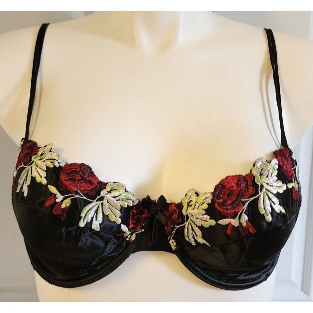 Vintage Fredericks of Hollywood Unlined Underwire Satin Demi Bra Floral Trim 38C